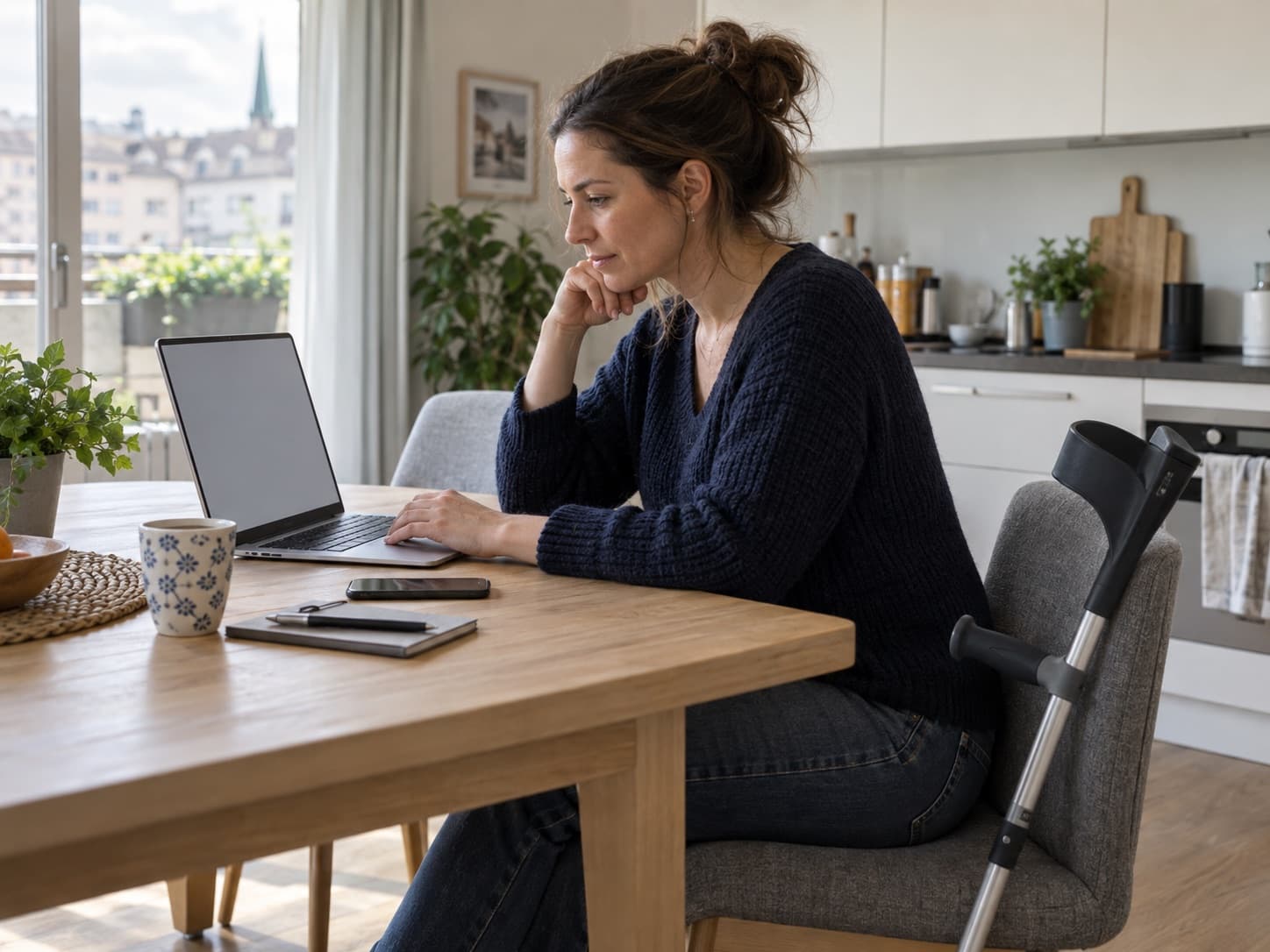 Une femme d’une quarantaine d’années travaille à une table de cuisine, une béquille appuyée contre la chaise à côté d’elle.