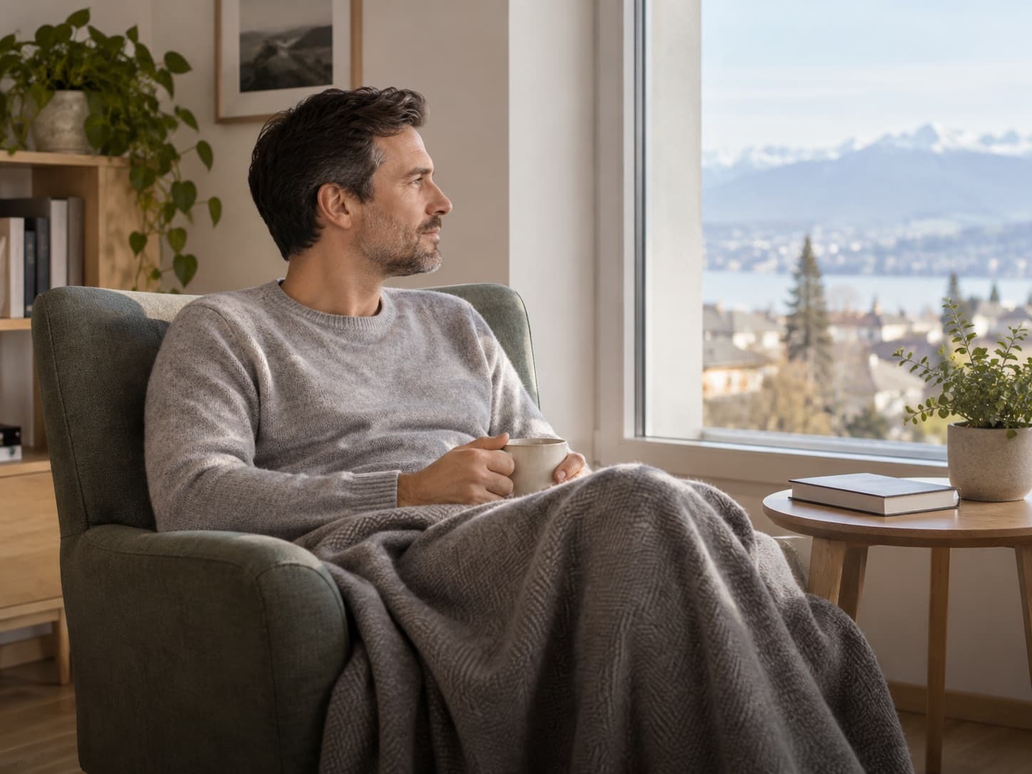 Un homme en pull, assis dans un fauteuil près d’une fenêtre, une couverture sur les genoux et un livre fermé à côté de lui.