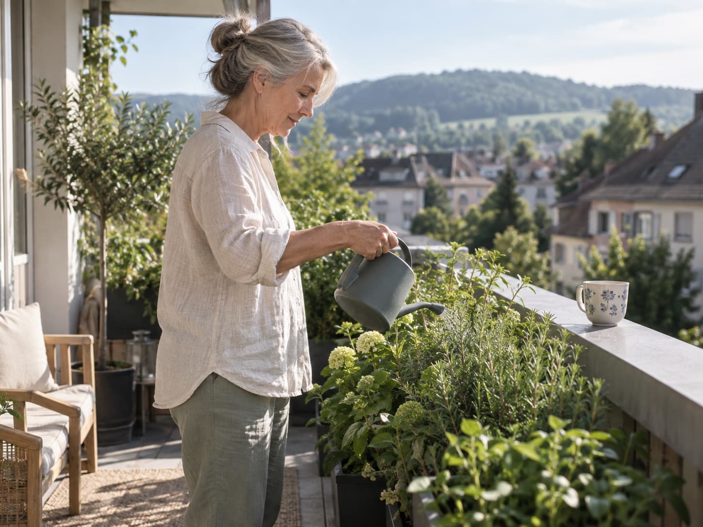 Une femme d’une soixantaine d’années arrose les plantes d’un balcon ensoleillé, une tasse posée sur la rambarde.