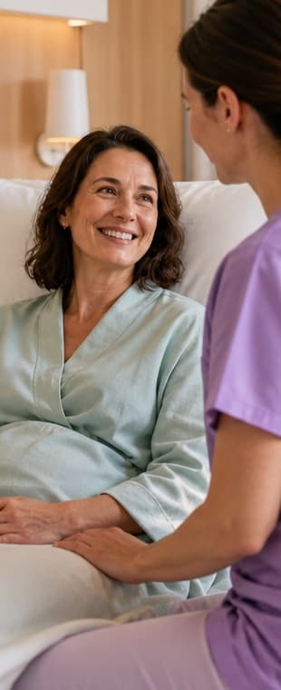 Échange avec une soignante dans une chambre hospitalière lumineuse