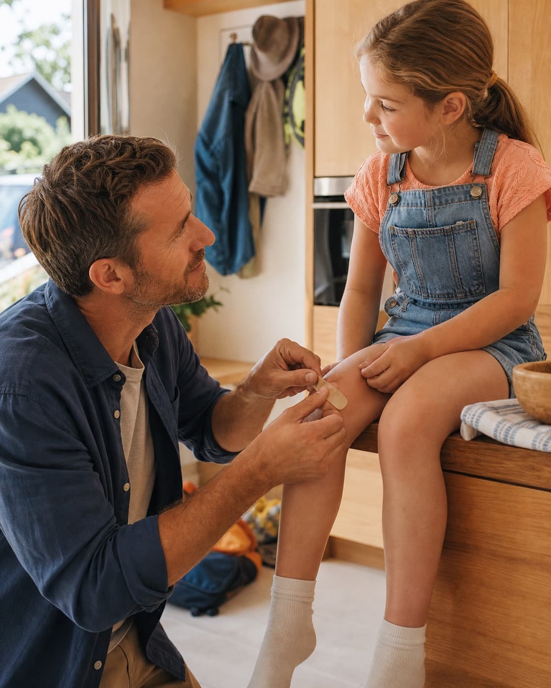 Père soignant avec attention le genou légèrement éraflé de sa fille
