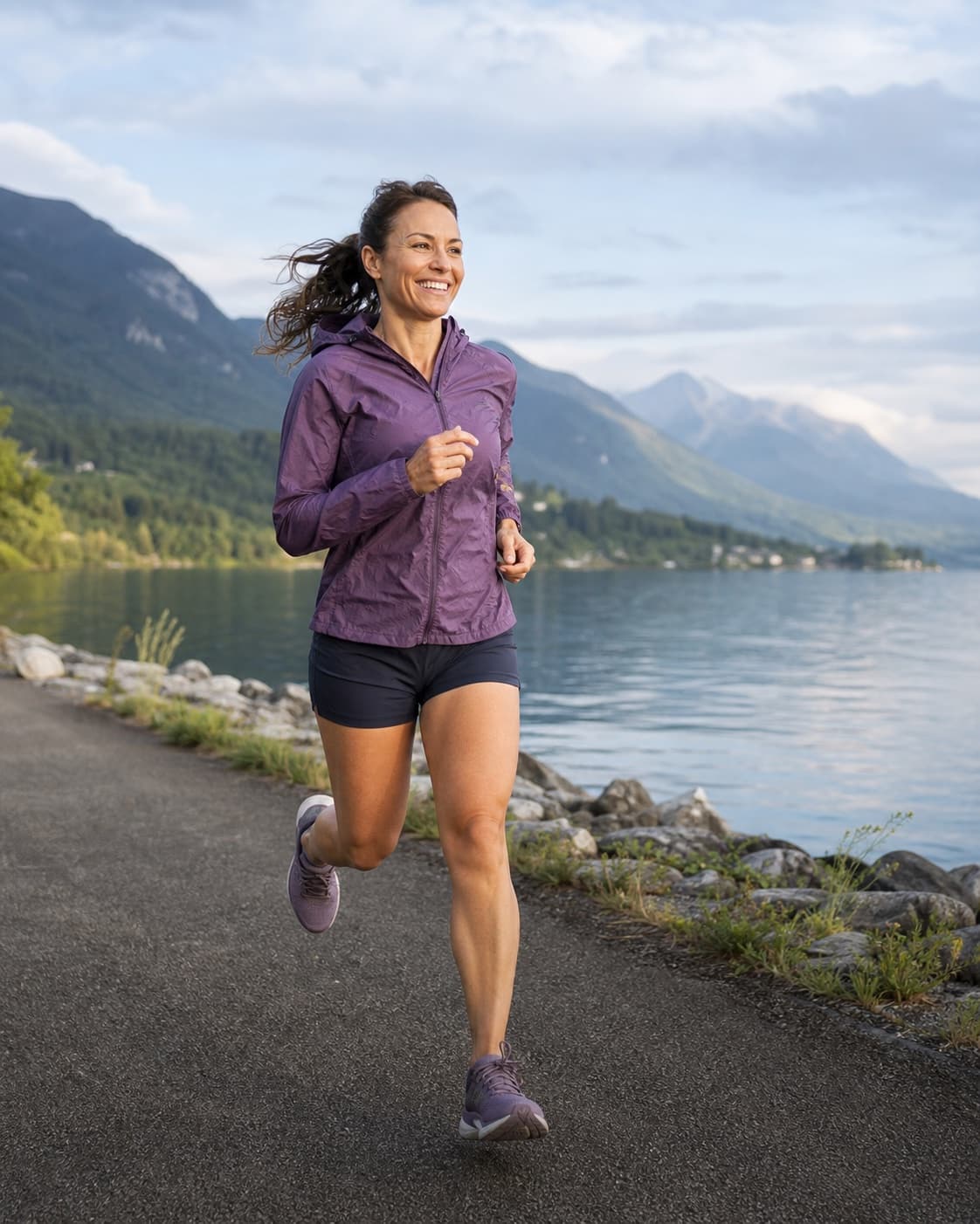 Femme courant avec énergie au bord d’un lac suisse