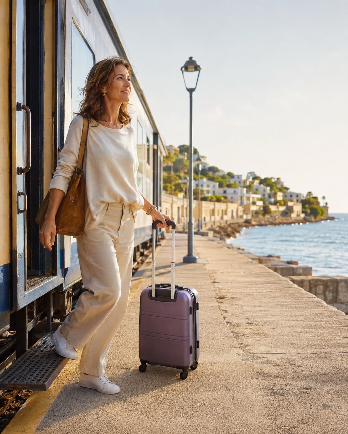 Voyageuse arrivant sereinement dans une ville européenne en bord de mer