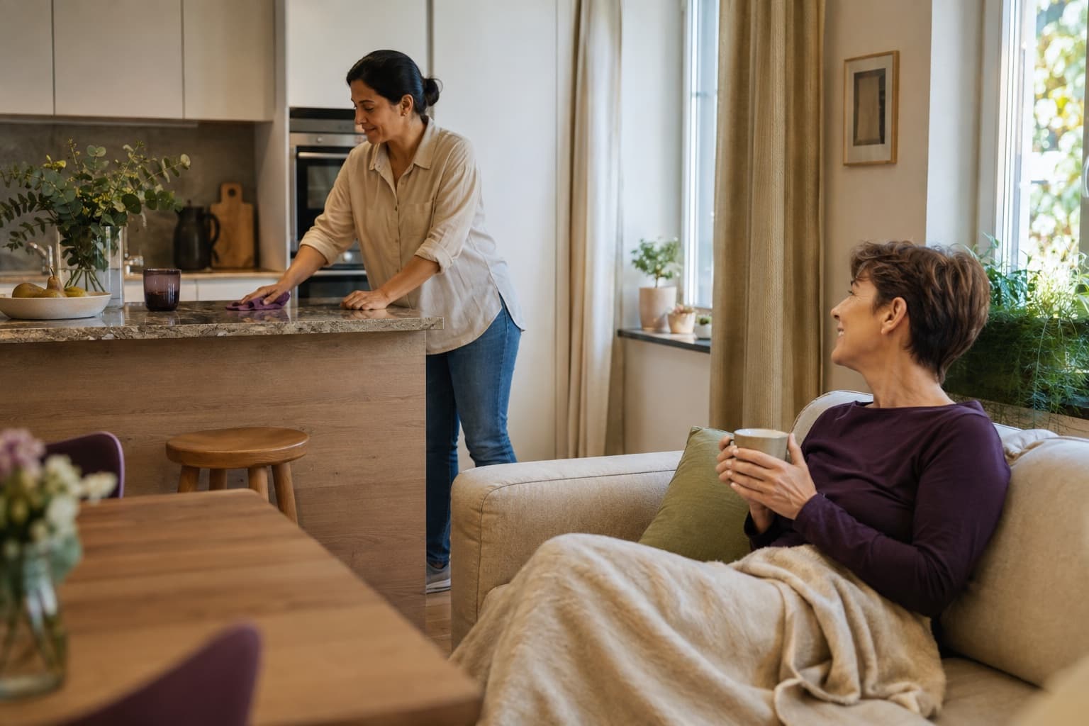 Personne aidée chez elle pour les tâches du quotidien pendant sa convalescence