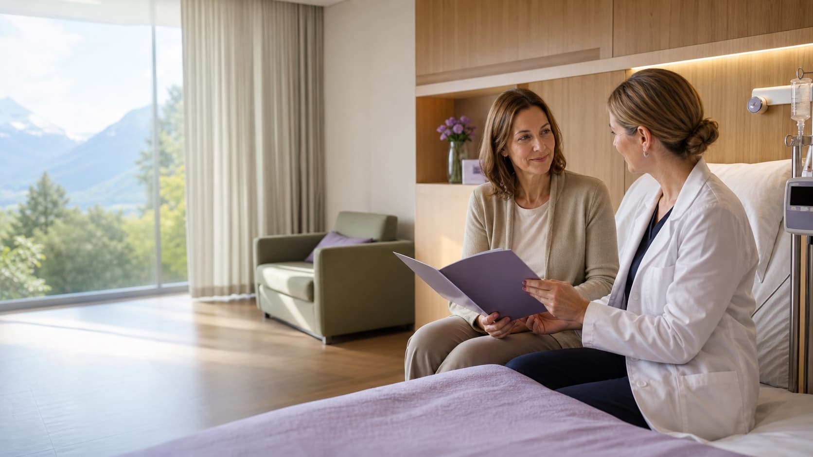 Patiente accompagnée dans un environnement hospitalier rassurant