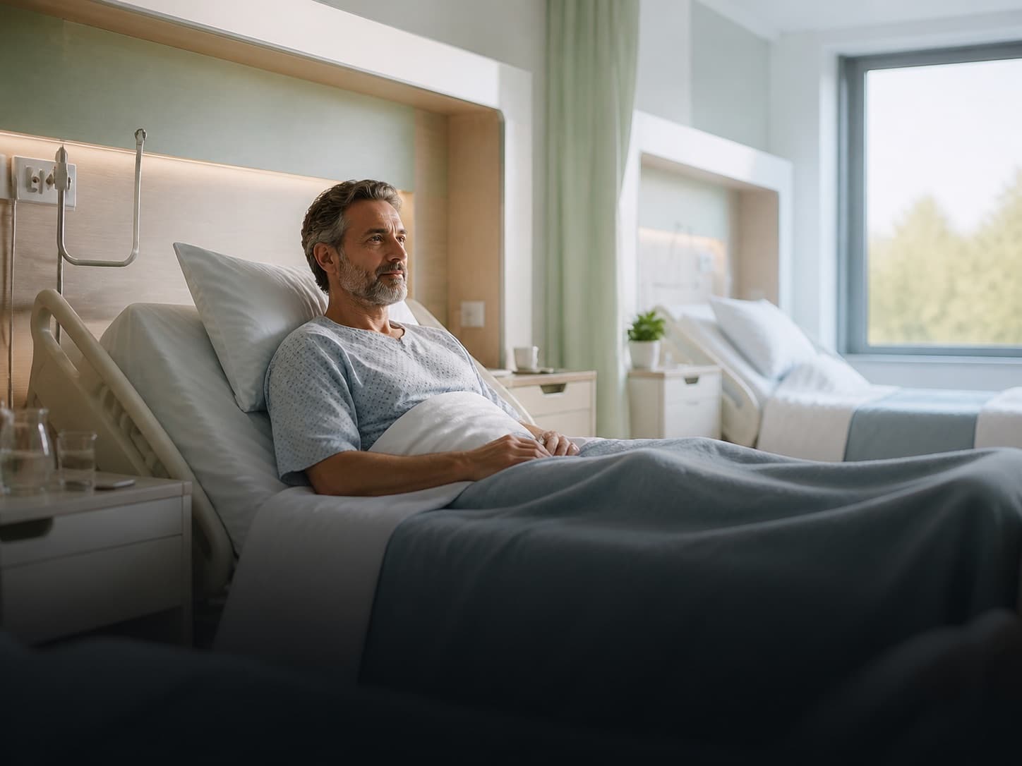 Patient au calme dans une chambre d’hôpital lumineuse en division commune