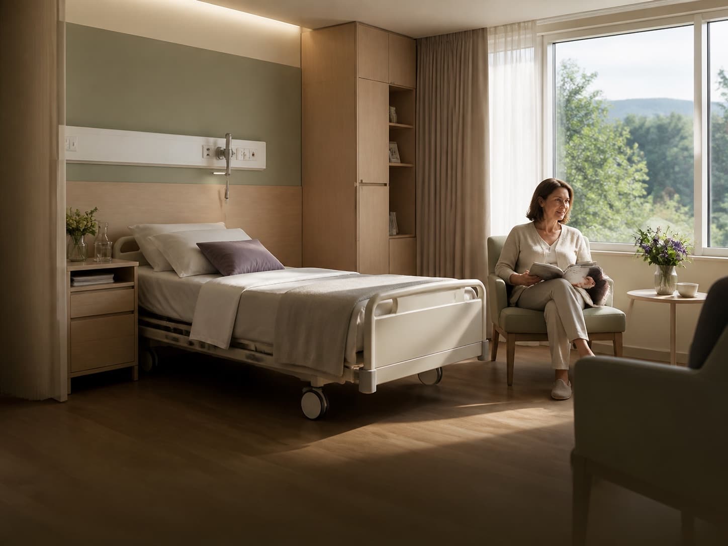 Patiente autonome dans une chambre privée individuelle calme et confortable