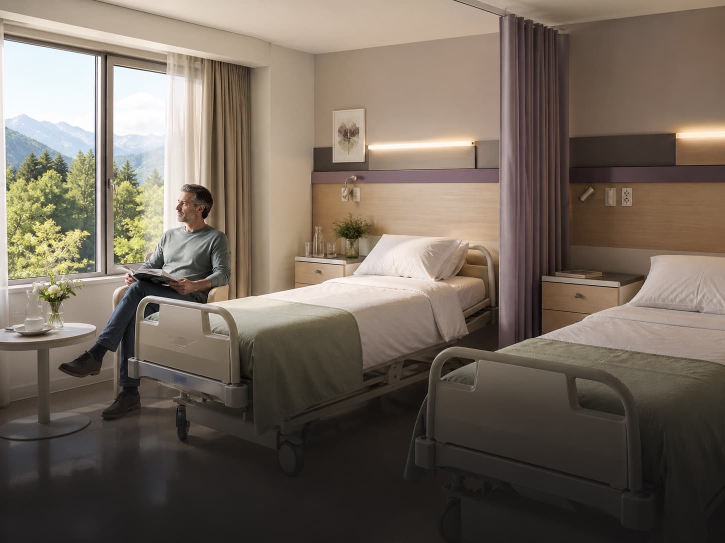 Patient dans une chambre semi-privée moderne et lumineuse à deux lits