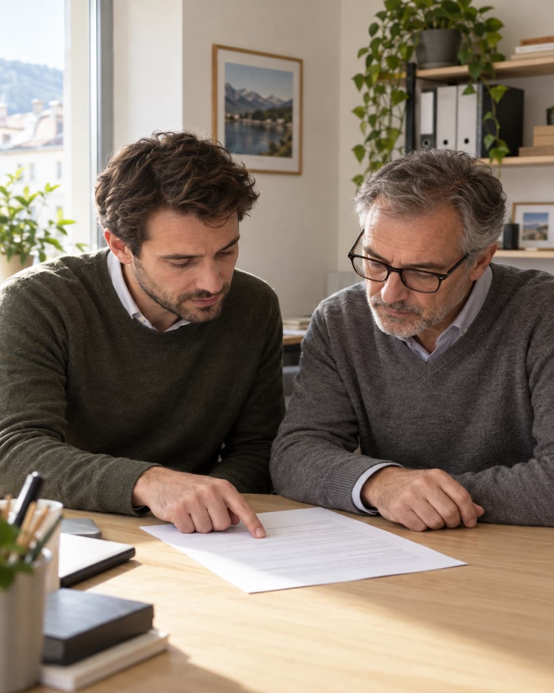 Deux associés lisent un contrat côte à côte dans un petit bureau, l’un pointant une clause du doigt.
