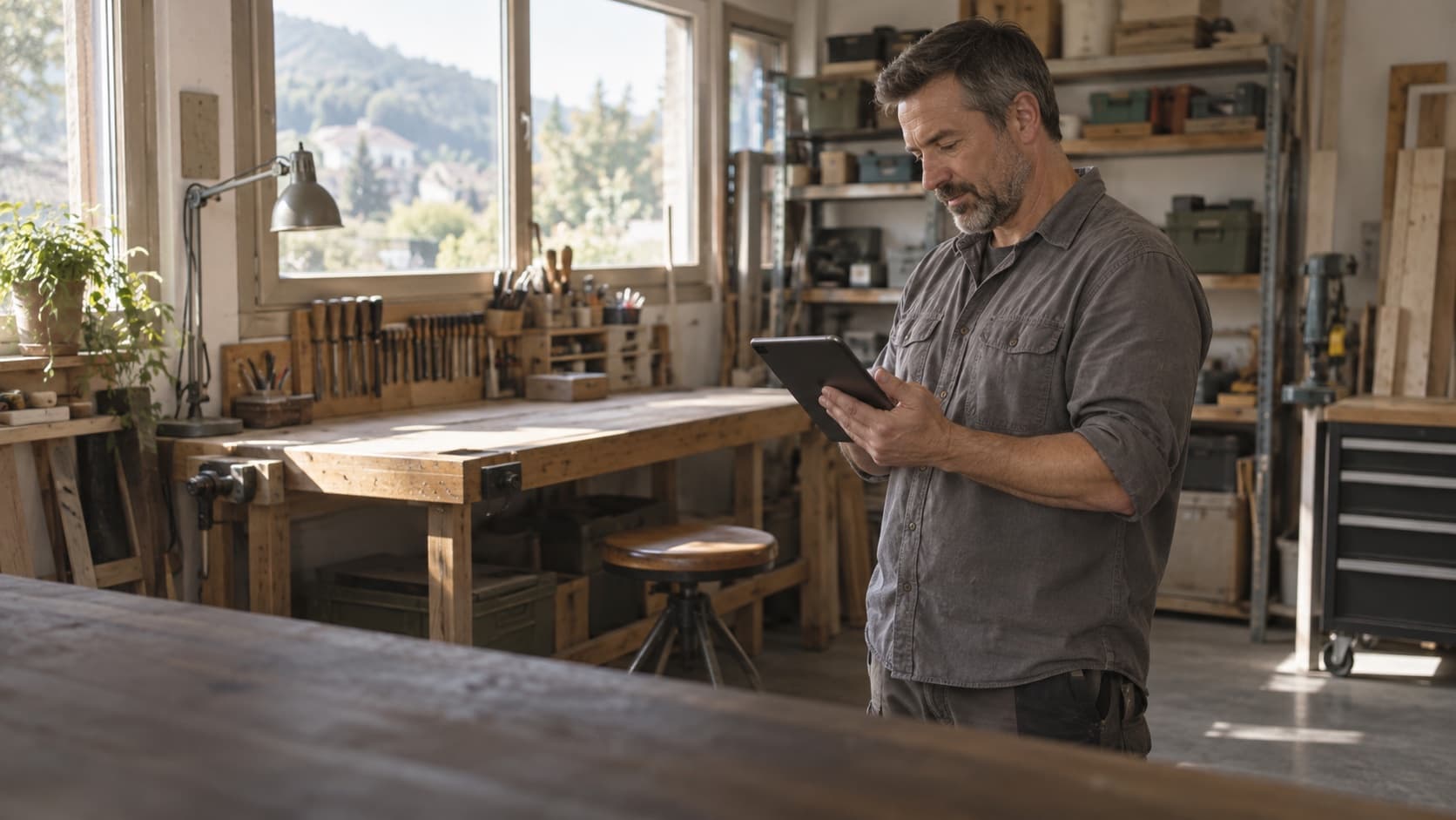 Un chef d’atelier consulte un planning d’équipe sur une tablette, un poste de travail vide derrière lui.