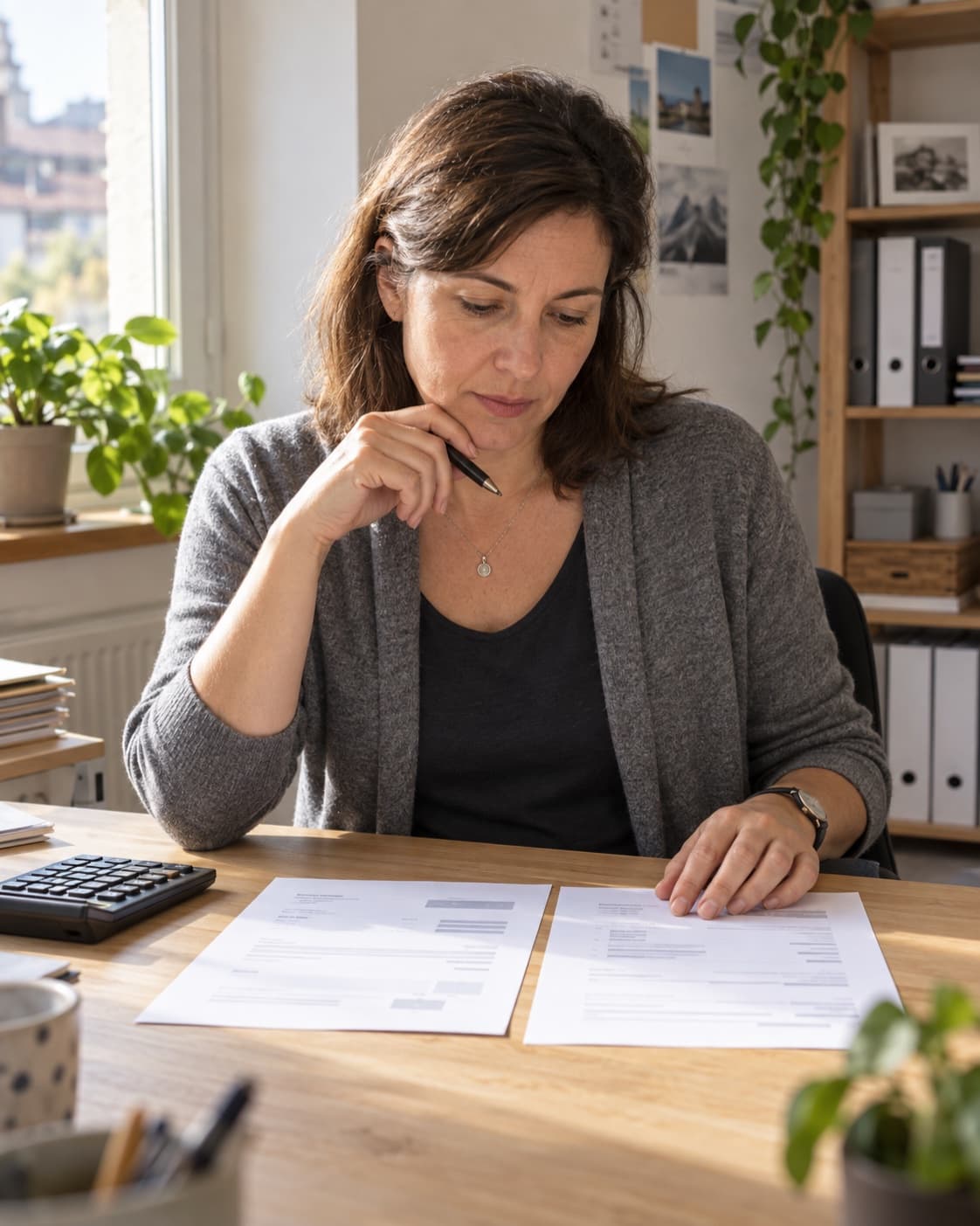 Une comptable de PME compare deux offres papier à son bureau, une calculatrice à côté d’elle.