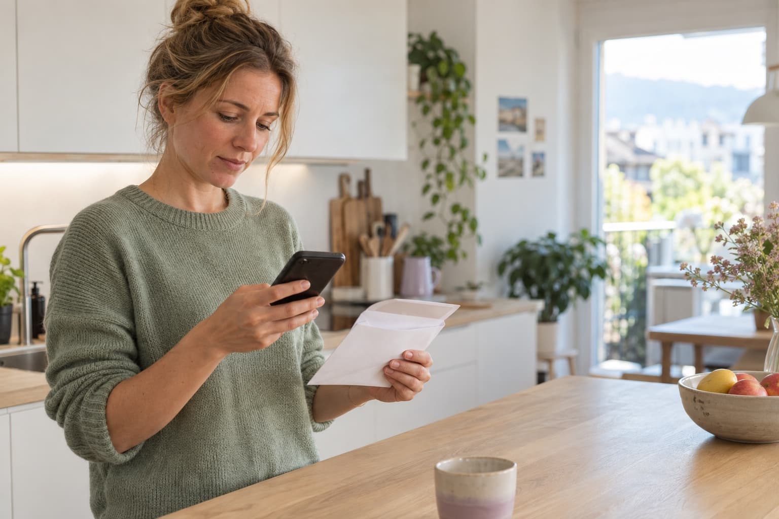 Une femme lit son courrier d’assurance, son téléphone à la main, dans sa cuisine
