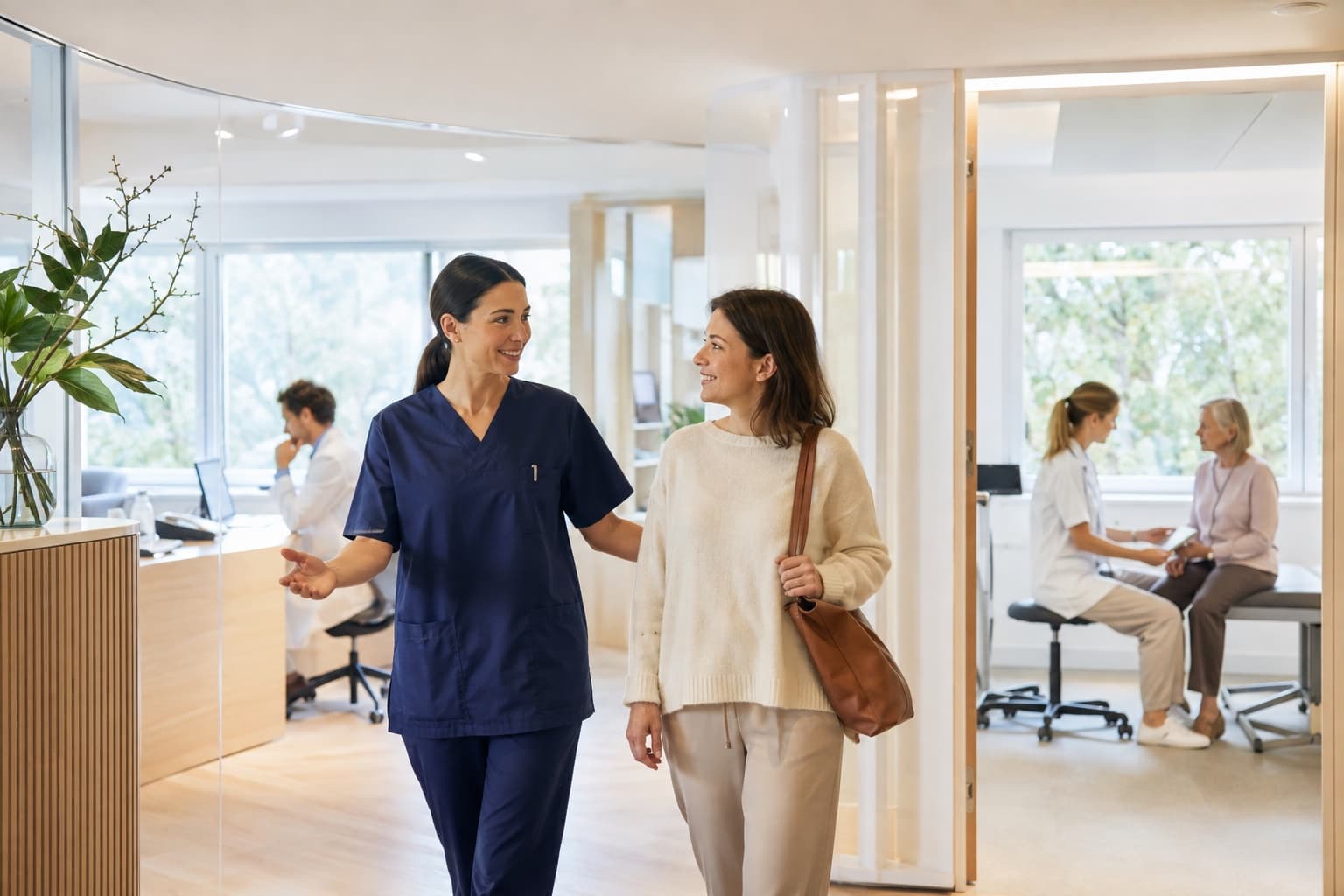 Patiente guidée par une soignante dans un centre médical réunissant plusieurs professionnels