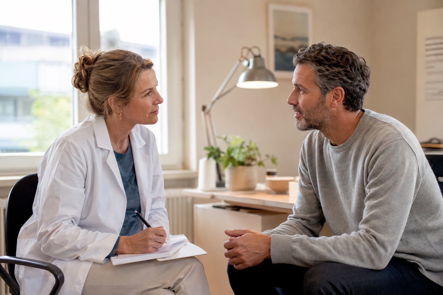 Patient échangeant avec sa médecin de famille dans son cabinet
