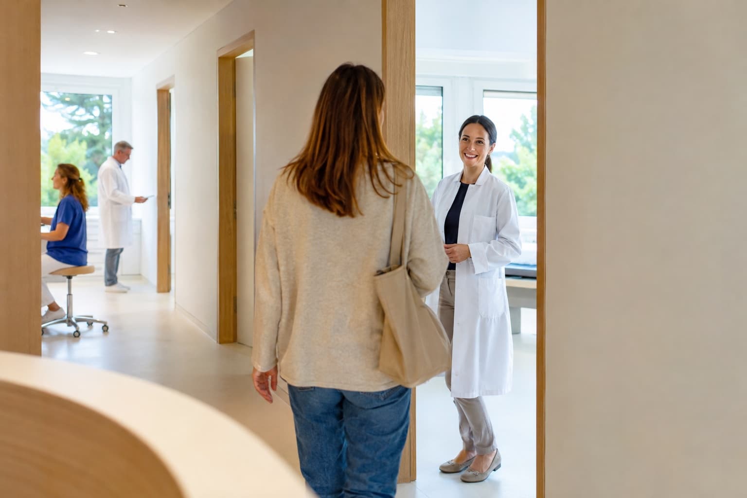 Patiente accueillie directement par une médecin dans un centre de soins pluridisciplinaire