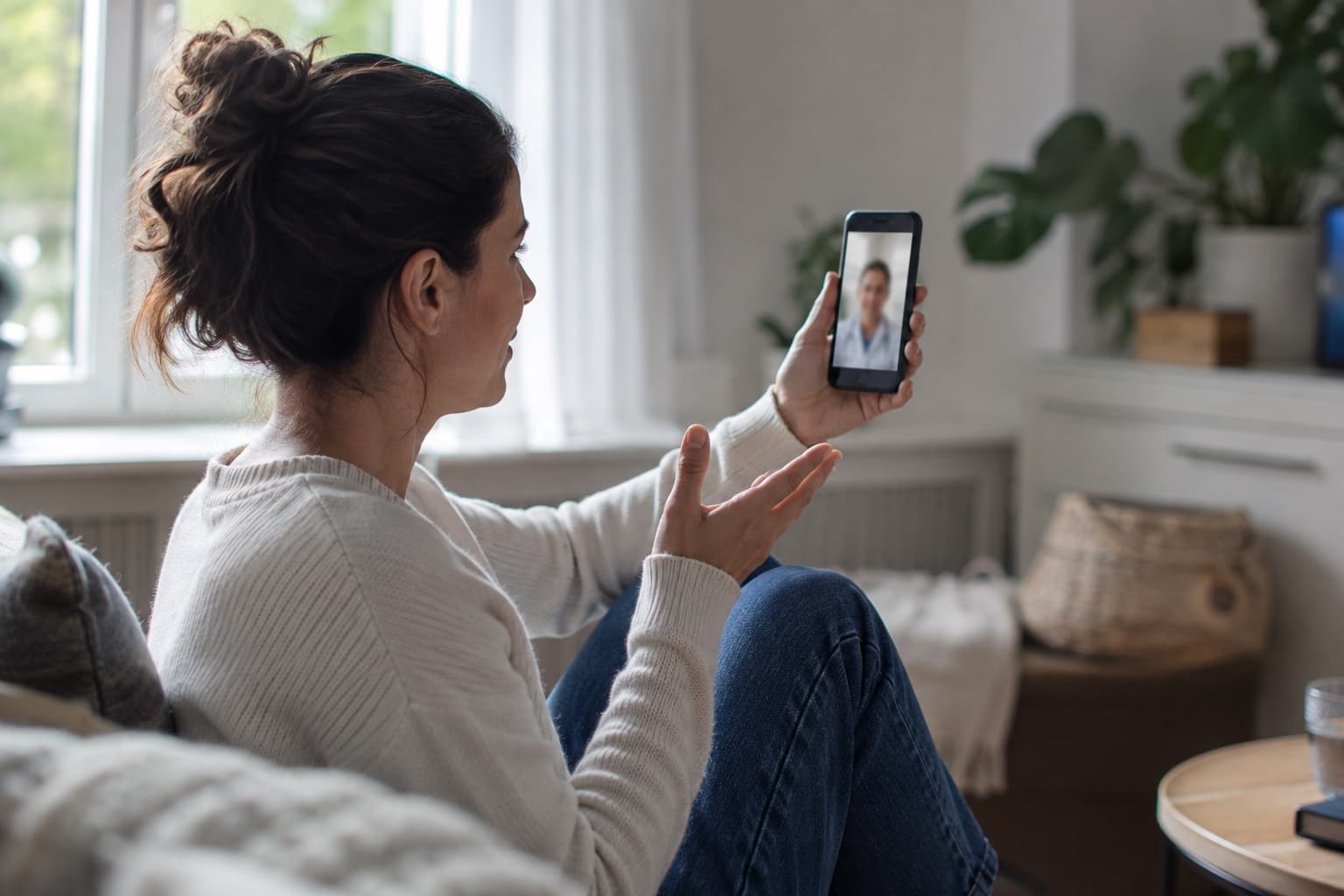 Personne consultant une professionnelle de santé sur son smartphone depuis chez elle