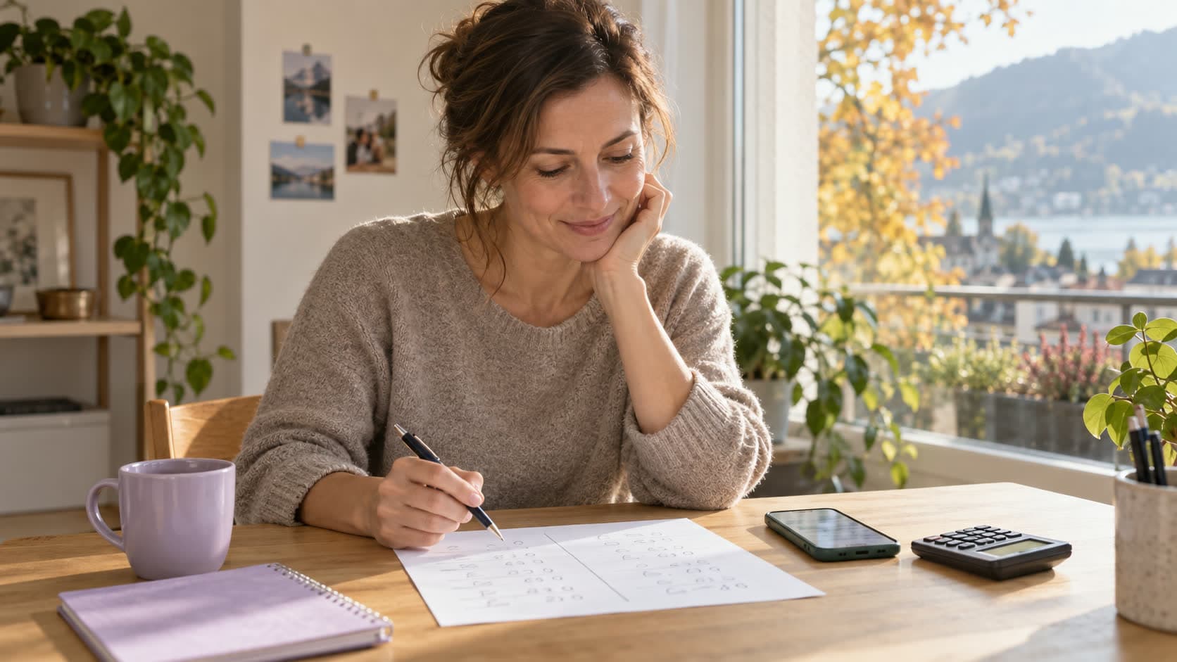 Une femme compare deux colonnes de chiffres à son bureau, une calculatrice à côté d’elle
