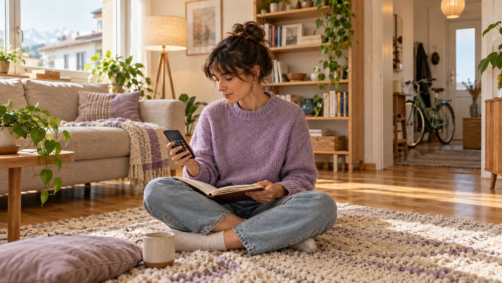 Une femme assise en tailleur sur un tapis consulte la calculatrice de son téléphone, un carnet ouvert sur les genoux, dans un salon lumineux avec un vélo rangé dans l’entrée
