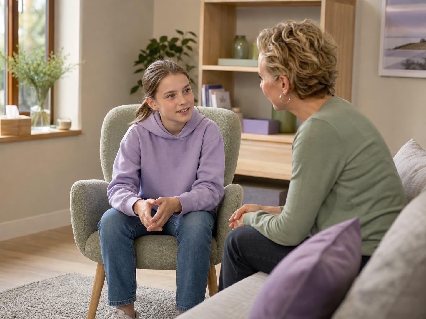 Préadolescente échangeant avec une thérapeute dans un espace chaleureux