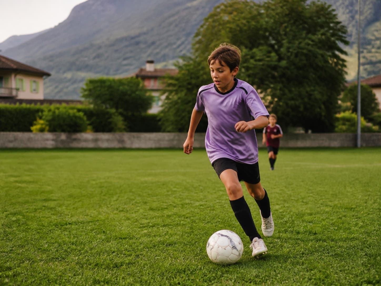 Enfant jouant au football en extérieur