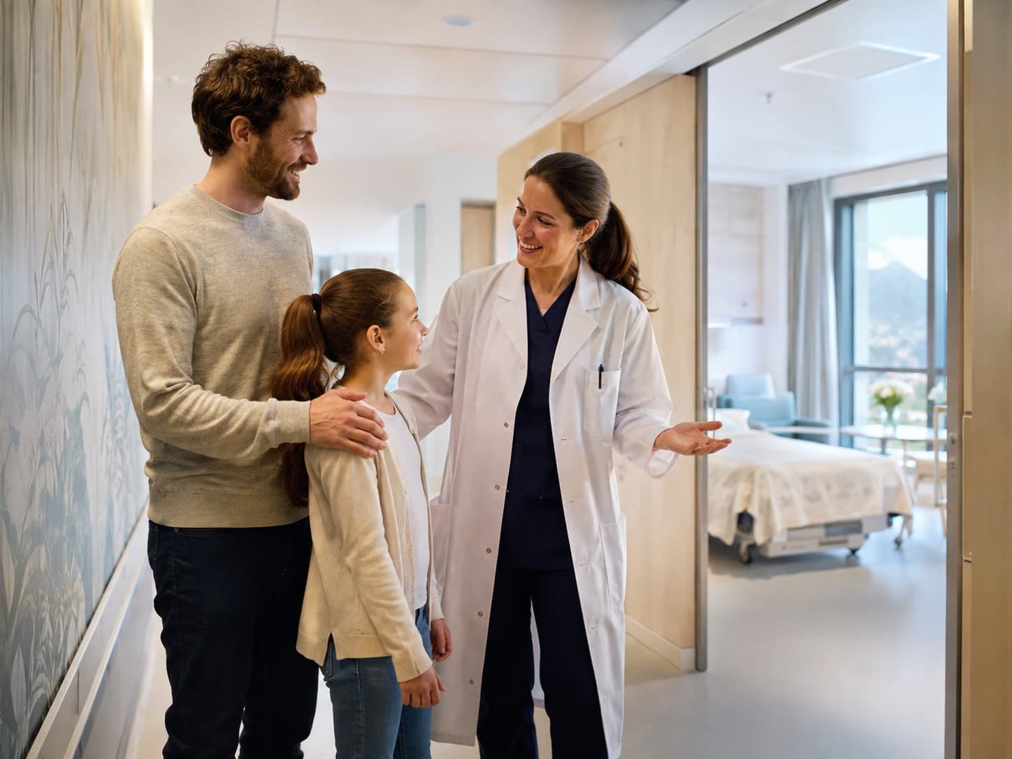 Père et sa fille accueillis par une pédiatre dans un hôpital lumineux