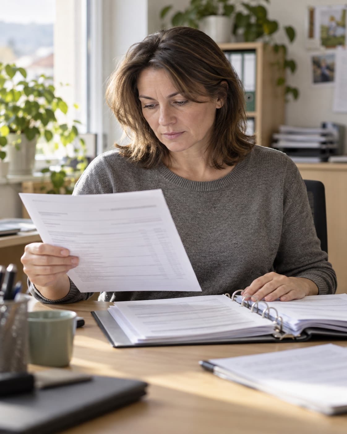 Une responsable RH d’une PME vérifie une fiche de salaire à son bureau, un classeur ouvert à côté.