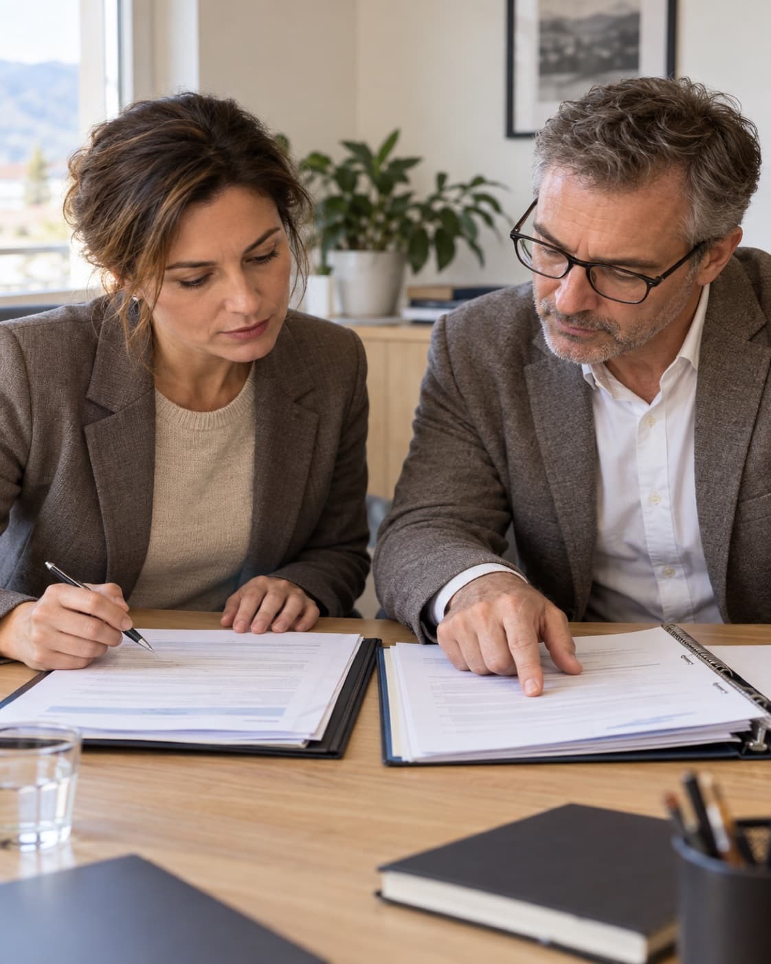 Deux associés d’une PME étudient deux dossiers ouverts côte à côte, dans une petite salle de réunion.