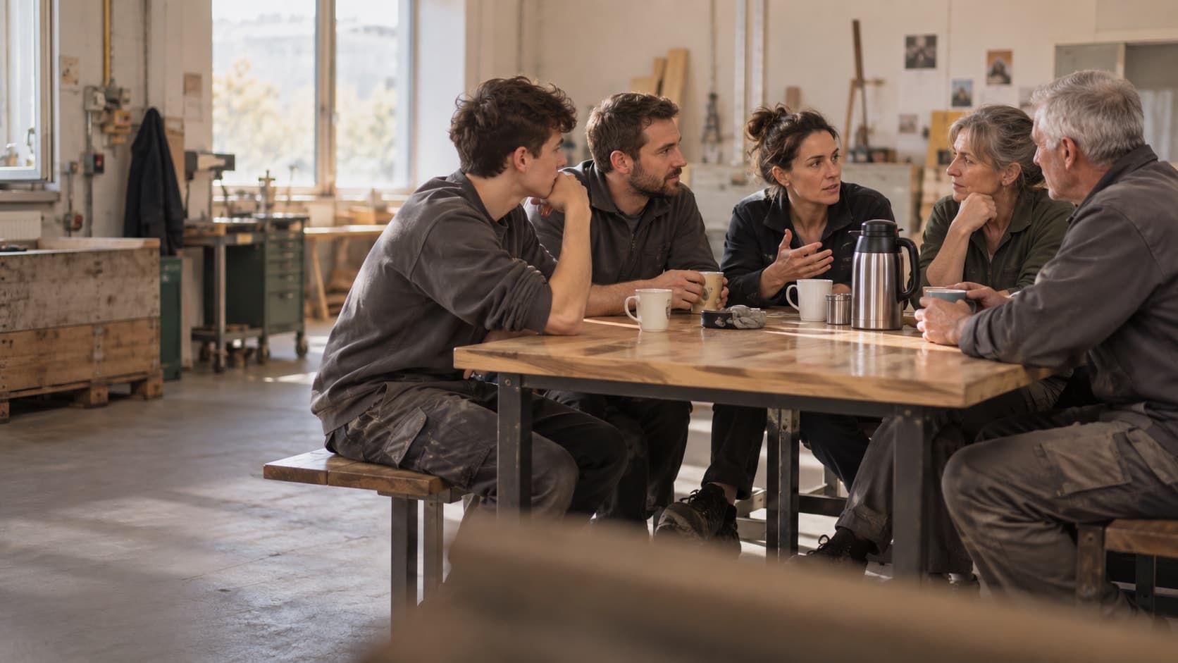 Une équipe de cinq personnes d’âges différents autour d’une table d’atelier, en pause, une thermos au milieu.