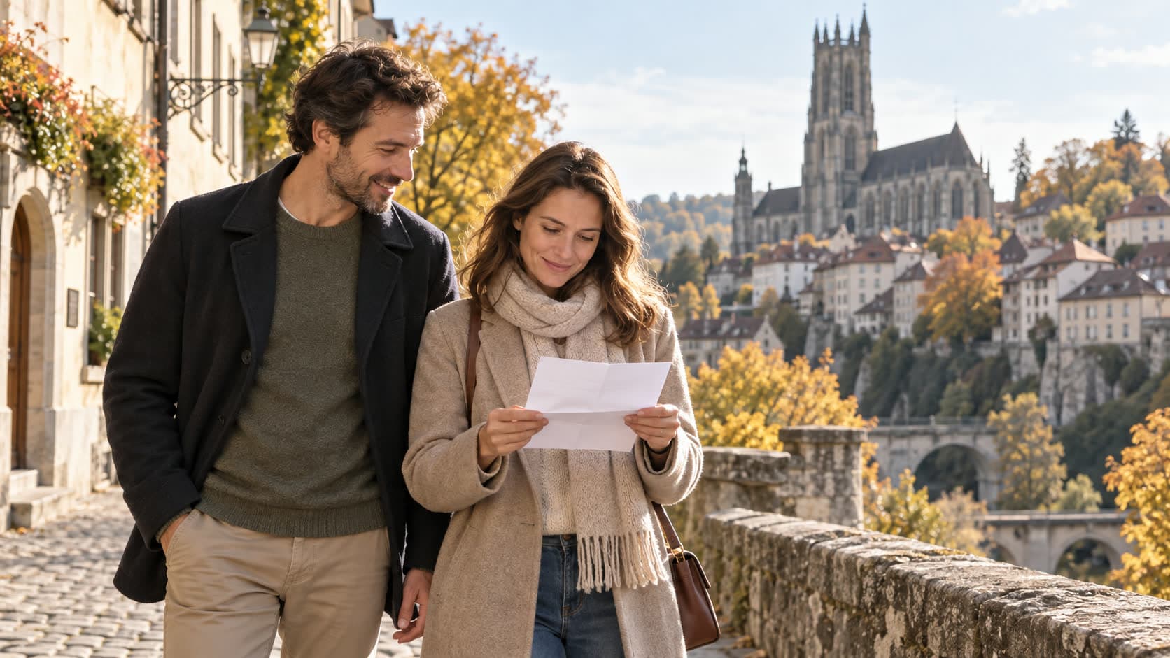 Un couple marche dans la vieille ville de Fribourg en lisant un courrier, avec la cathédrale Saint-Nicolas derrière lui