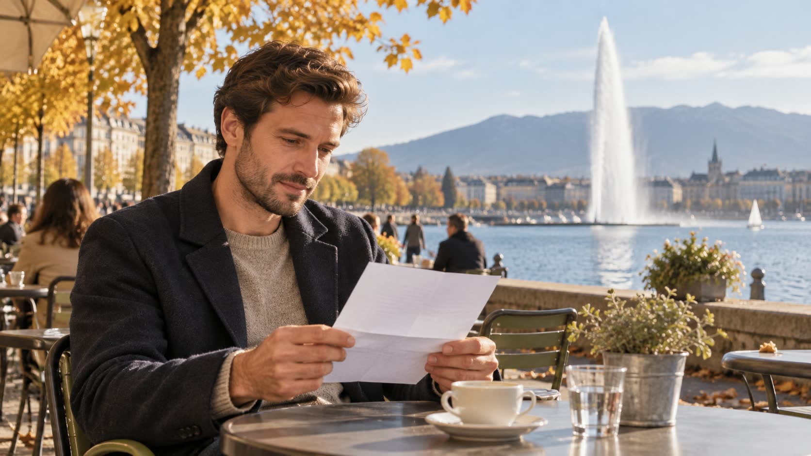 Un homme lit un courrier à une terrasse au bord du lac à Genève, avec le Jet d'eau en arrière-plan
