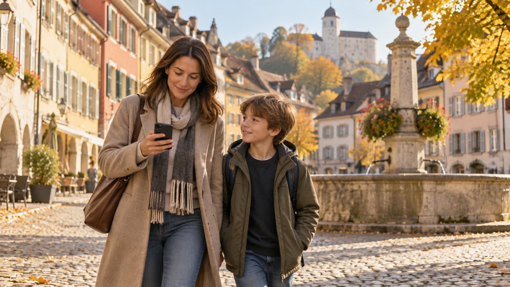 Une mère consulte son téléphone avec son fils près d'une fontaine dans la vieille ville de Porrentruy