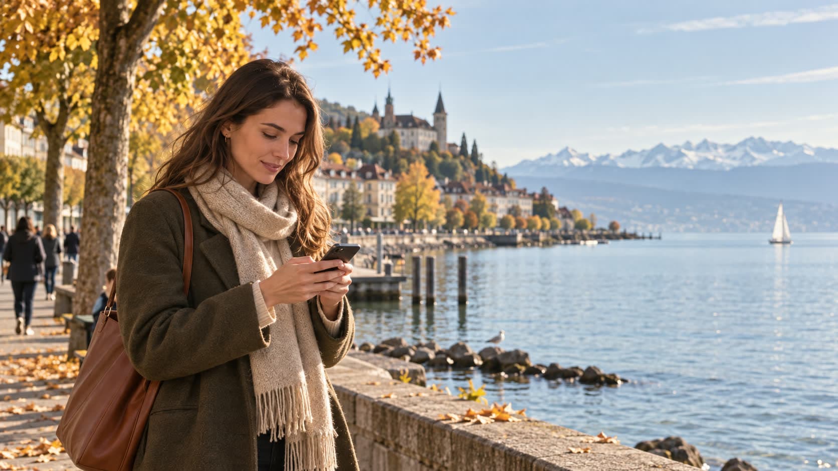 Une jeune femme consulte son téléphone sur les quais de Neuchâtel, avec le lac et les Alpes au loin