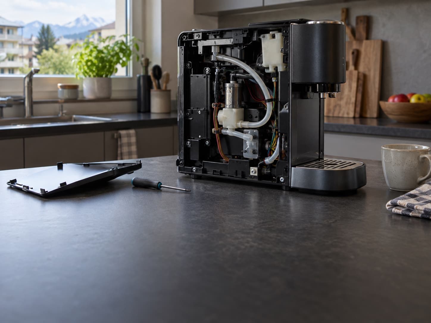 Une machine à café dont le panneau latéral est retiré laisse voir ses tuyaux et ses fils, avec un tournevis et une tasse sur le plan de travail.