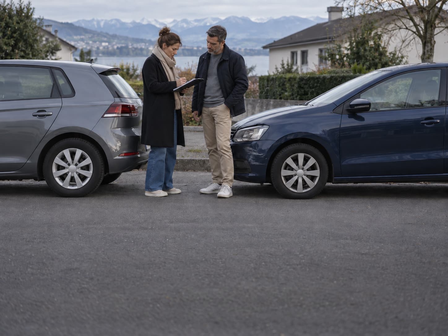 Une femme remplit un document sous le regard d’un homme, entre deux voitures arrêtées au bord de la route dont les pare-chocs portent des éraflures.