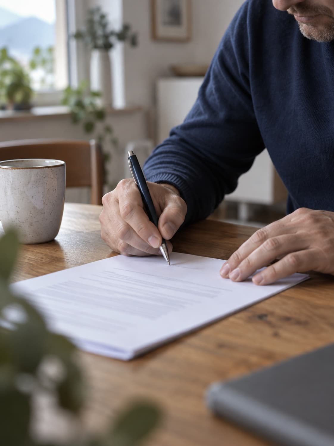 Un homme signe un document posé sur une table en bois, une main tenant le stylo et l’autre maintenant la feuille, près d’une tasse.