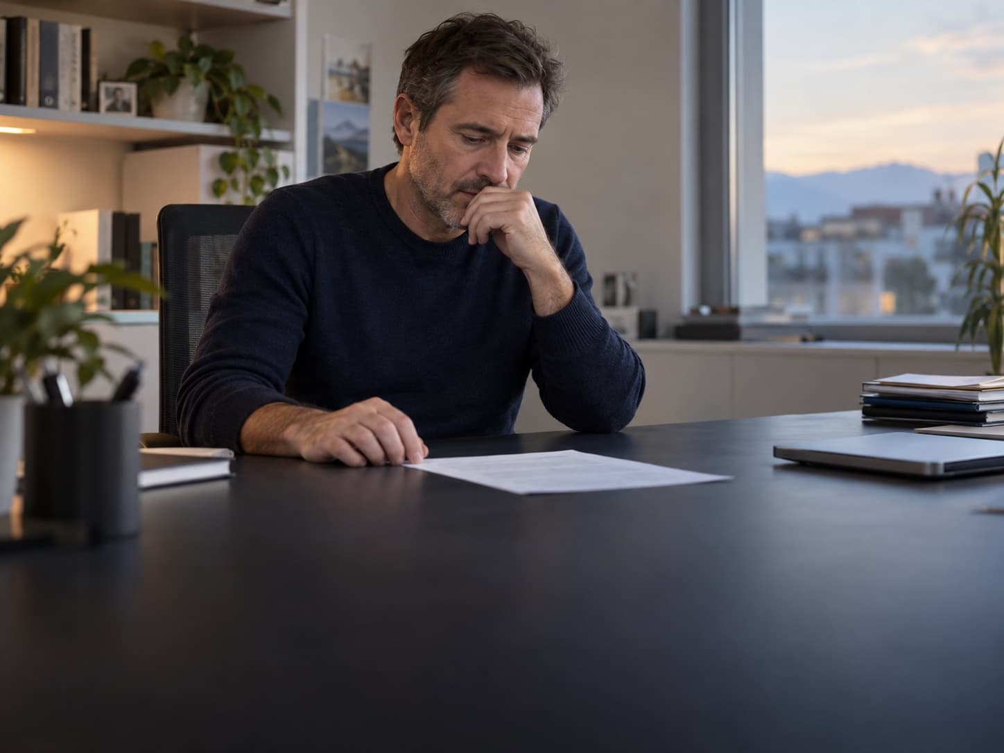 Un homme assis à son bureau relit une lettre posée devant lui, près d’un ordinateur portable fermé.