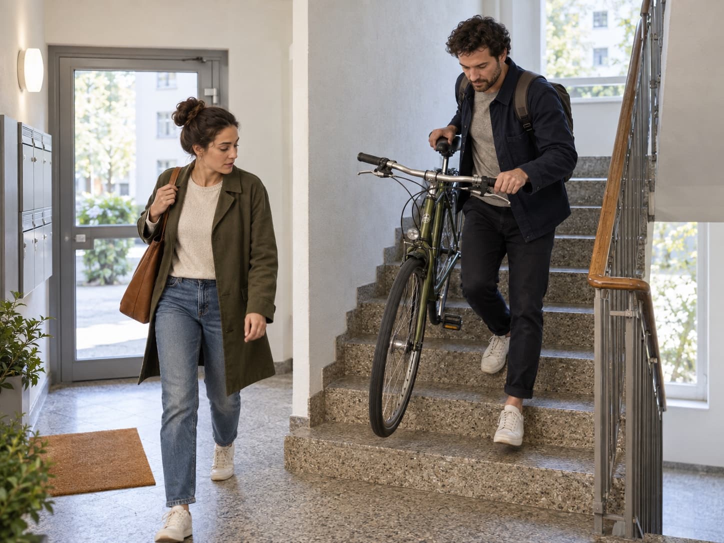 Une personne descend un vélo dans un escalier pendant qu’une autre traverse le passage de l’immeuble