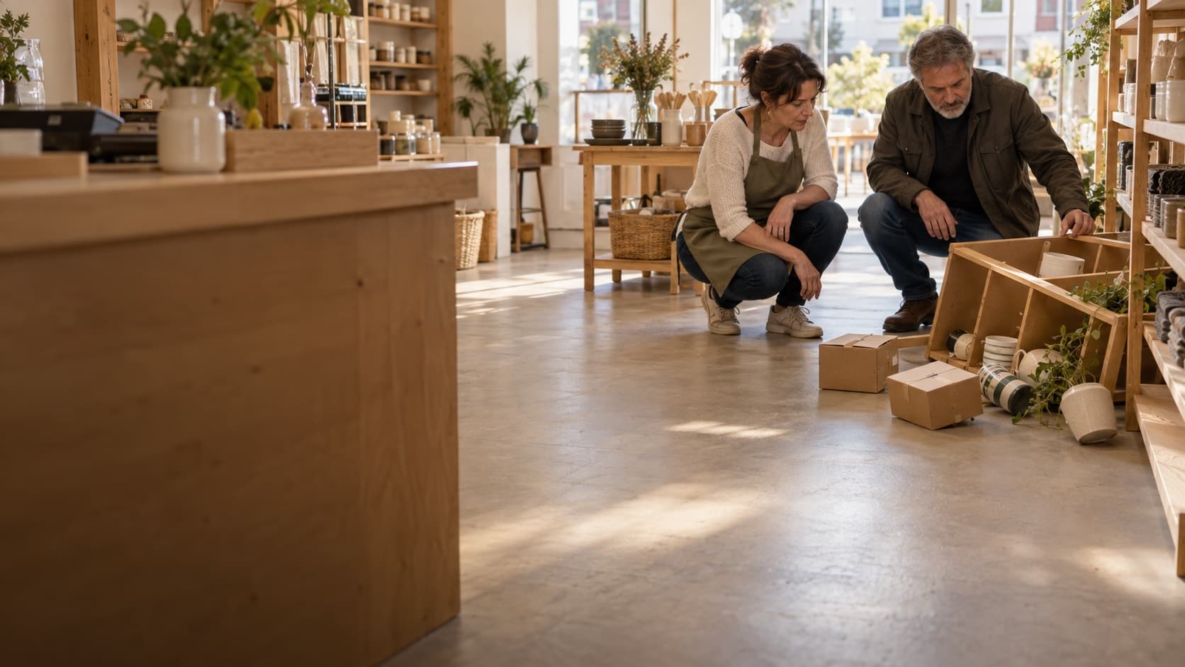 Une gérante de boutique et un client constatent ensemble une étagère tombée, des cartons au sol.