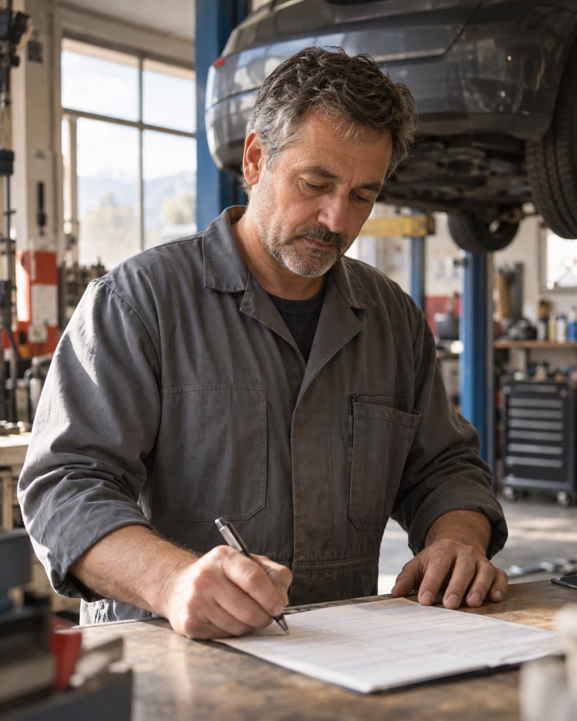 Un patron de garage remplit un formulaire au comptoir de son atelier, une voiture sur le pont derrière lui.