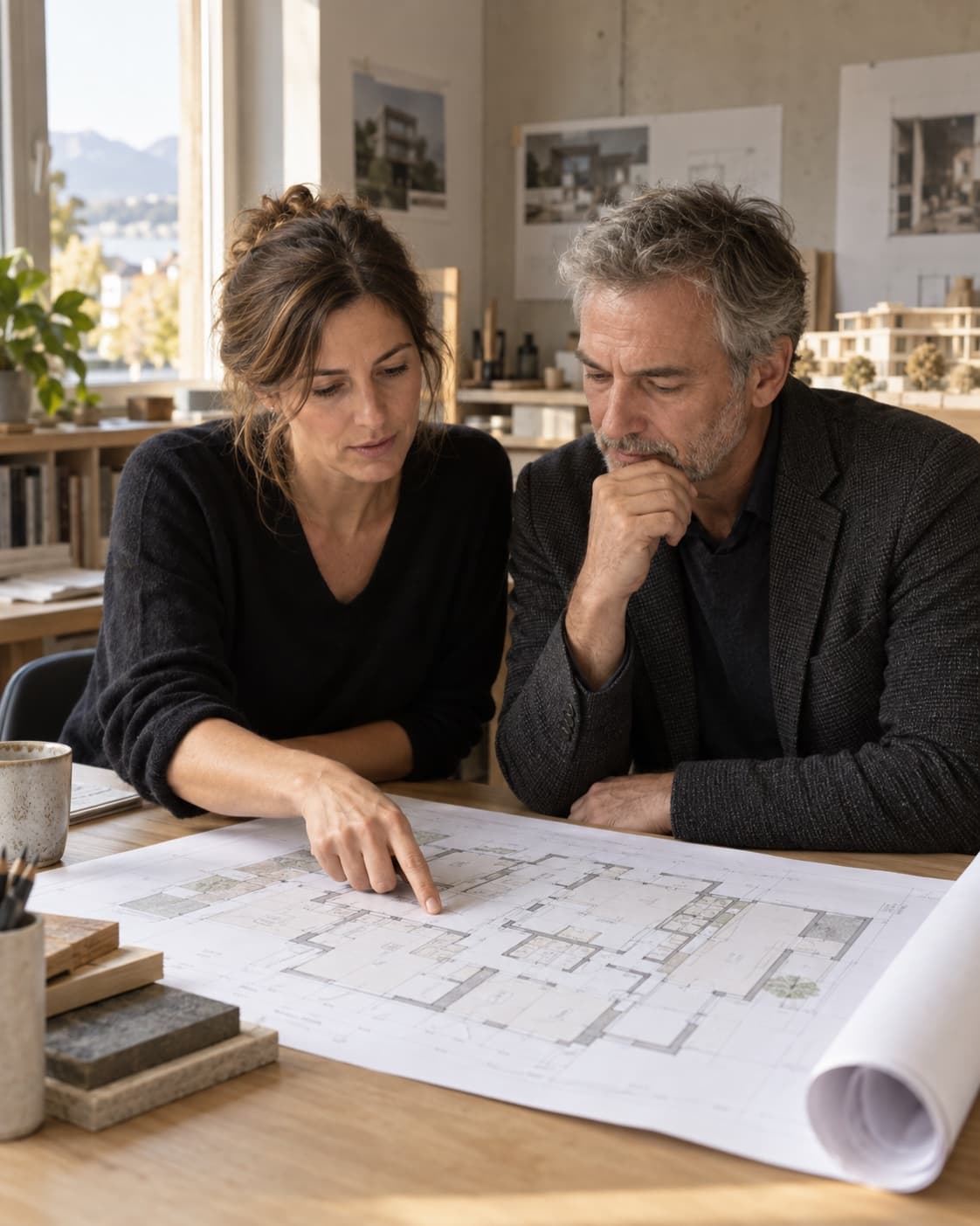 Une architecte et son client examinent un plan déroulé sur une table, dans un bureau clair.