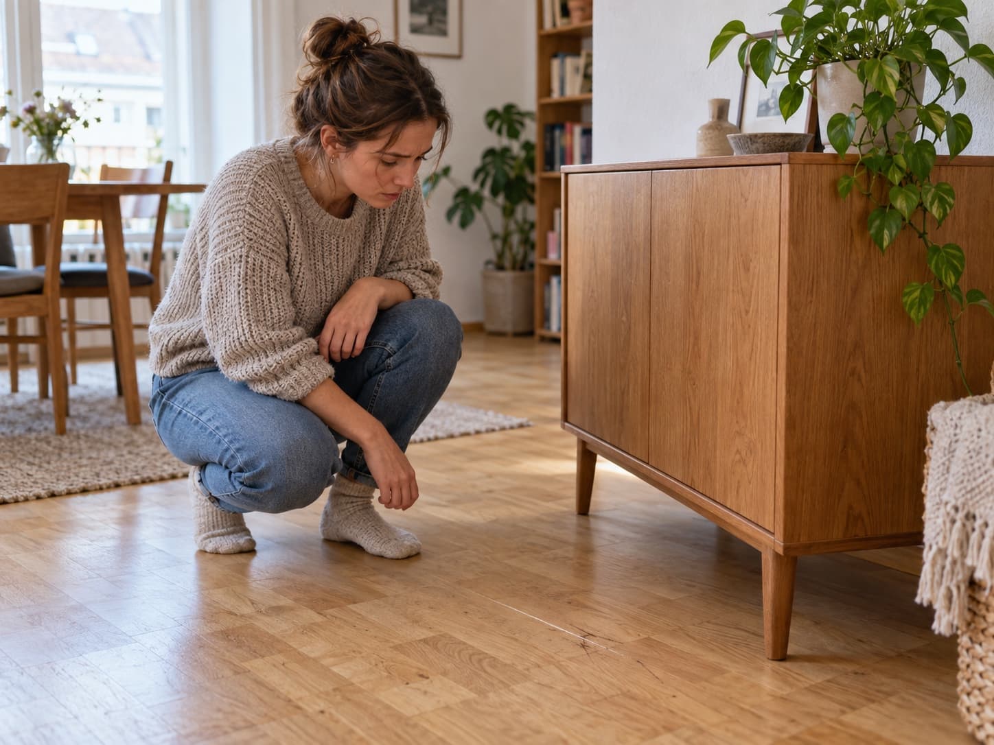 Une locataire observe une rayure sur le parquet après avoir déplacé un meuble