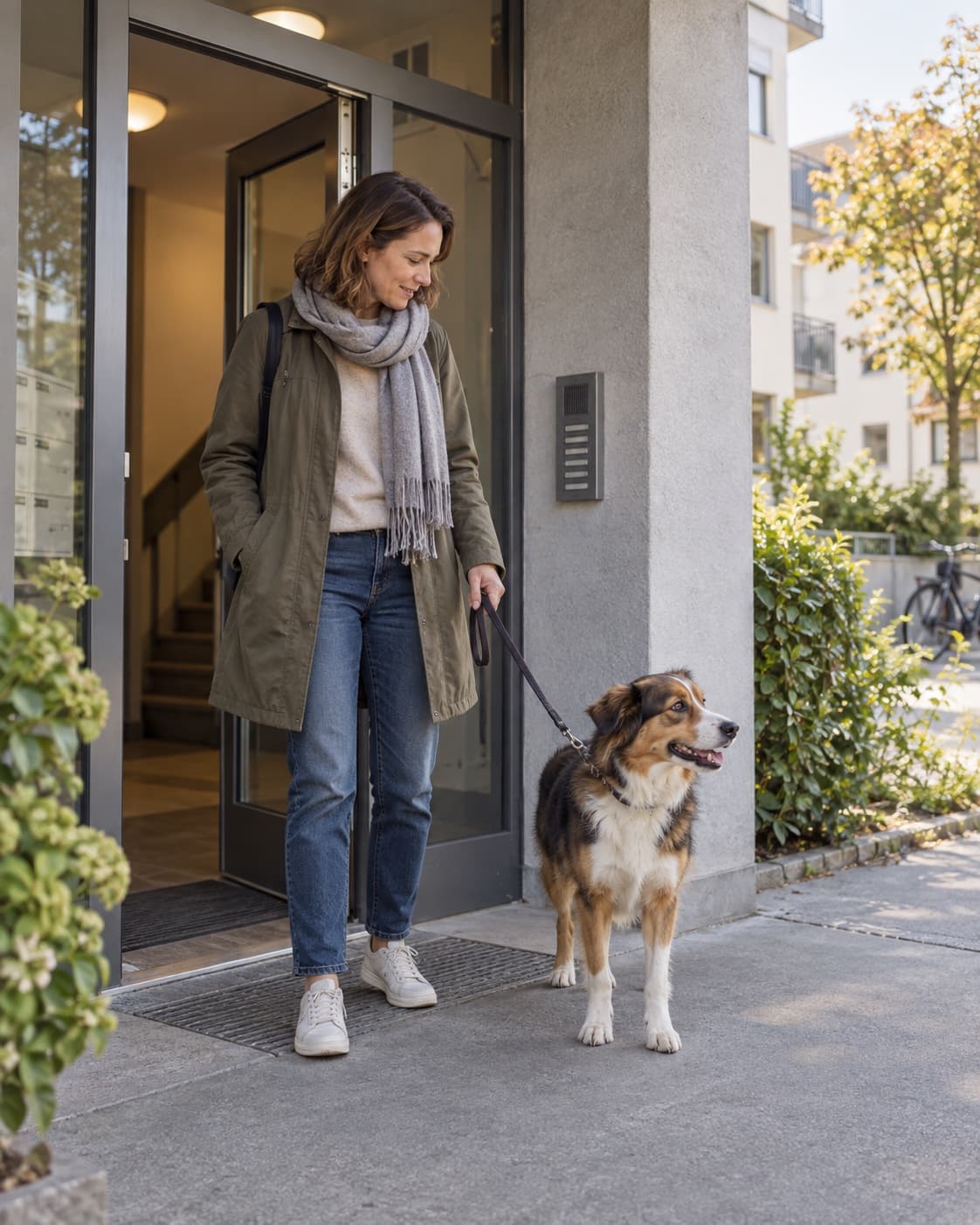 Une personne tient son chien en laisse devant l’entrée d’un immeuble