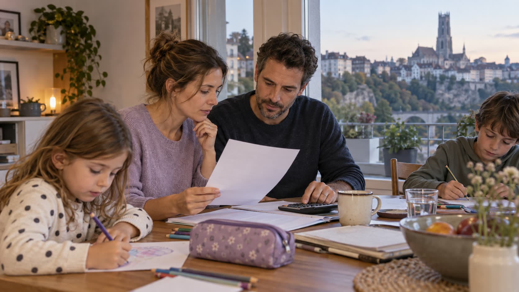 Des parents examinent un courrier à la table familiale pendant que leurs enfants dessinent, avec vue sur la vieille ville de Fribourg