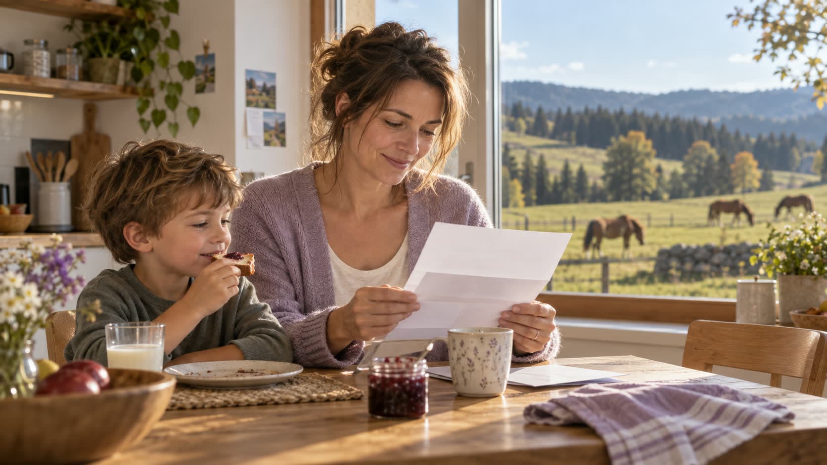 Une mère lit un courrier à la table de sa cuisine à côté de son fils, avec vue sur les pâturages et les sapins des Franches-Montagnes