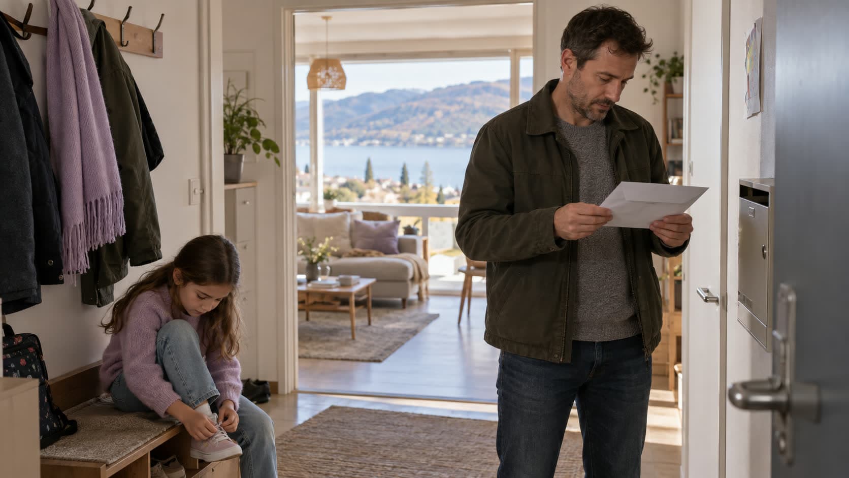 Un père ouvre un courrier dans l’entrée de son appartement pendant que sa fille met ses chaussures, avec vue sur le lac de Neuchâtel
